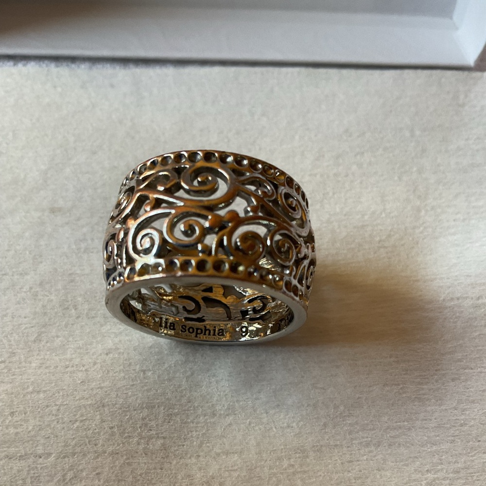 Lia Sophia Intricate Silver Filigree Scroll Wide Band Ring